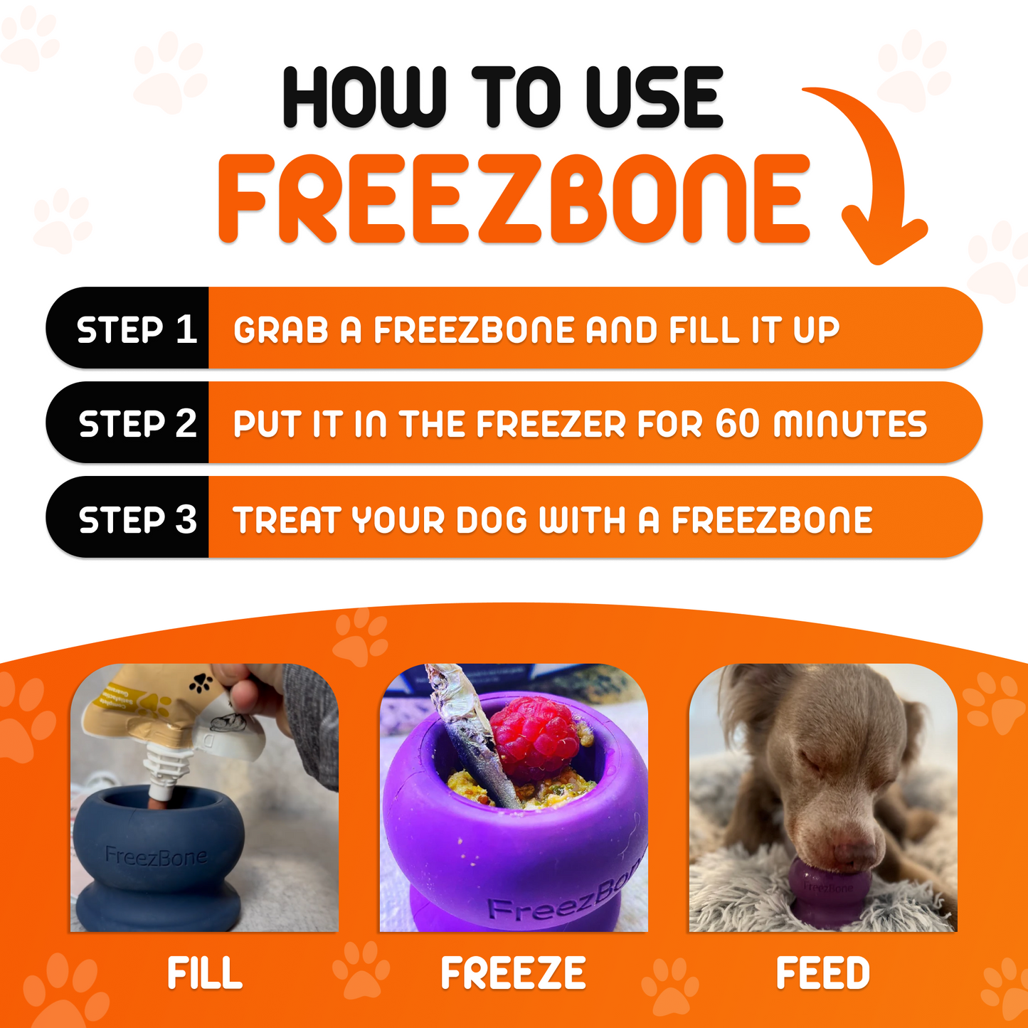 Instructions on how to use Freezbone with images of filling, freezing, and feeding a dog.