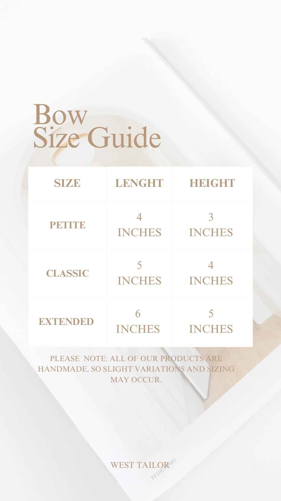 Bow size guide with measurements on a white background