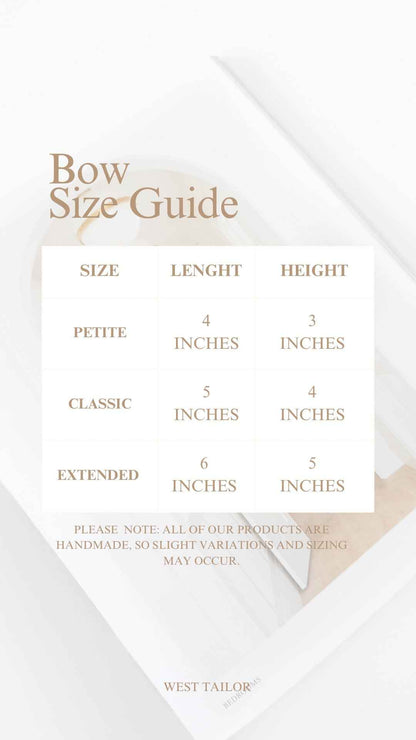 Bow size guide with measurements on a white background