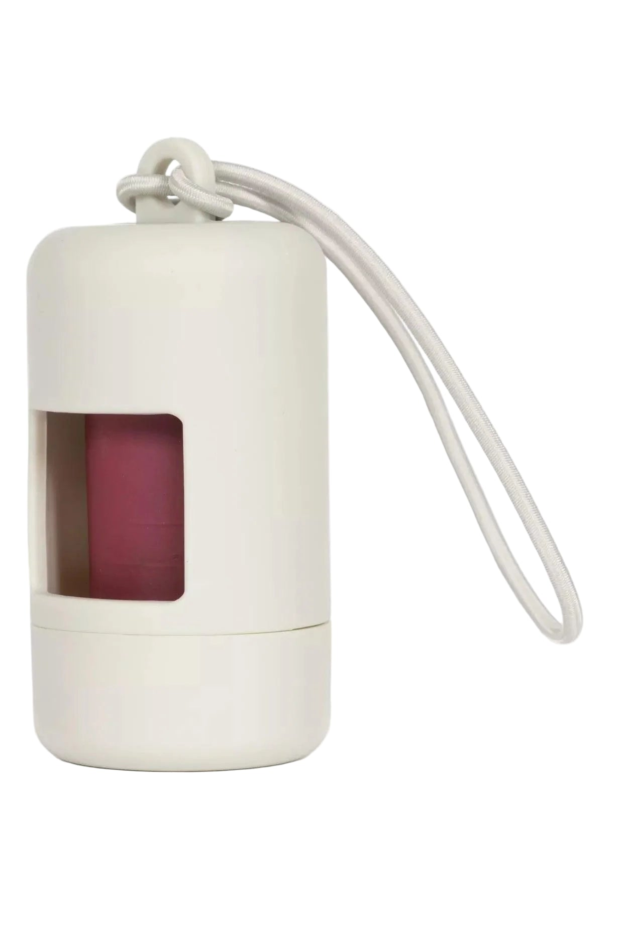 White dog waste bag holder case with a pink interior on a white background