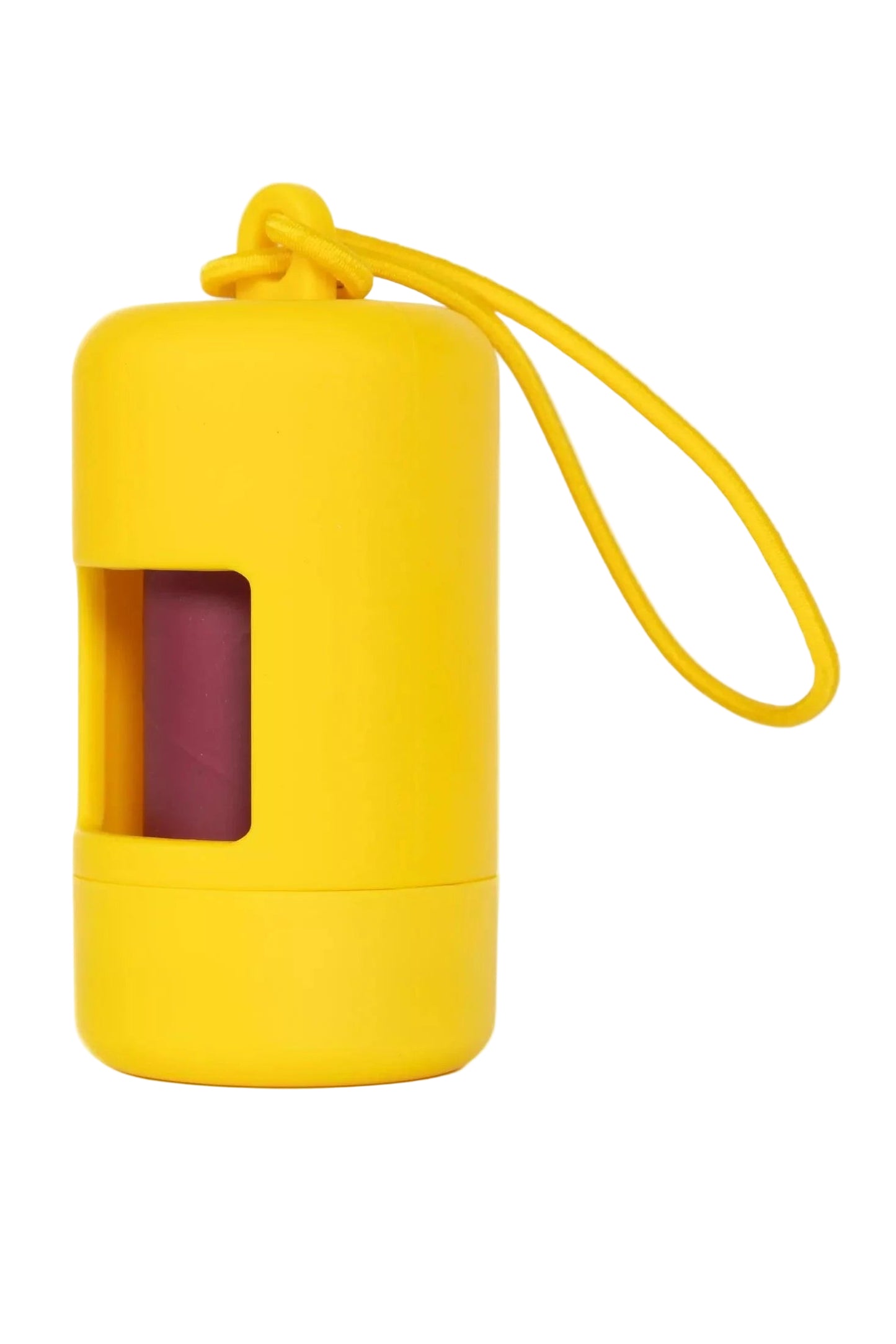 Yellow dog waste bag holder case with a string on a white background