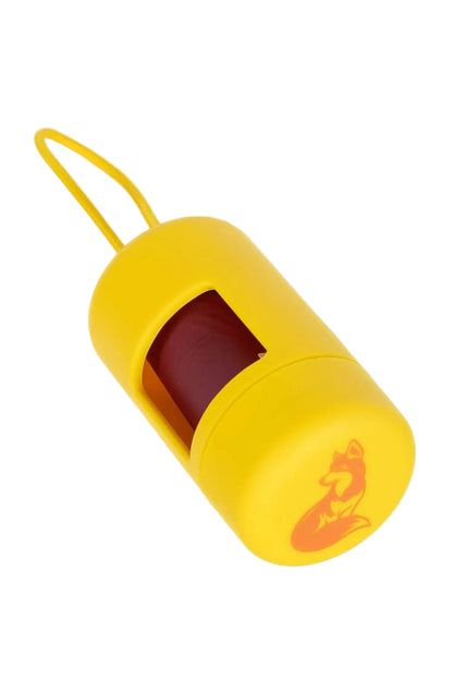 Yellow dog waste bag holder with a red interior and a logo on a white background