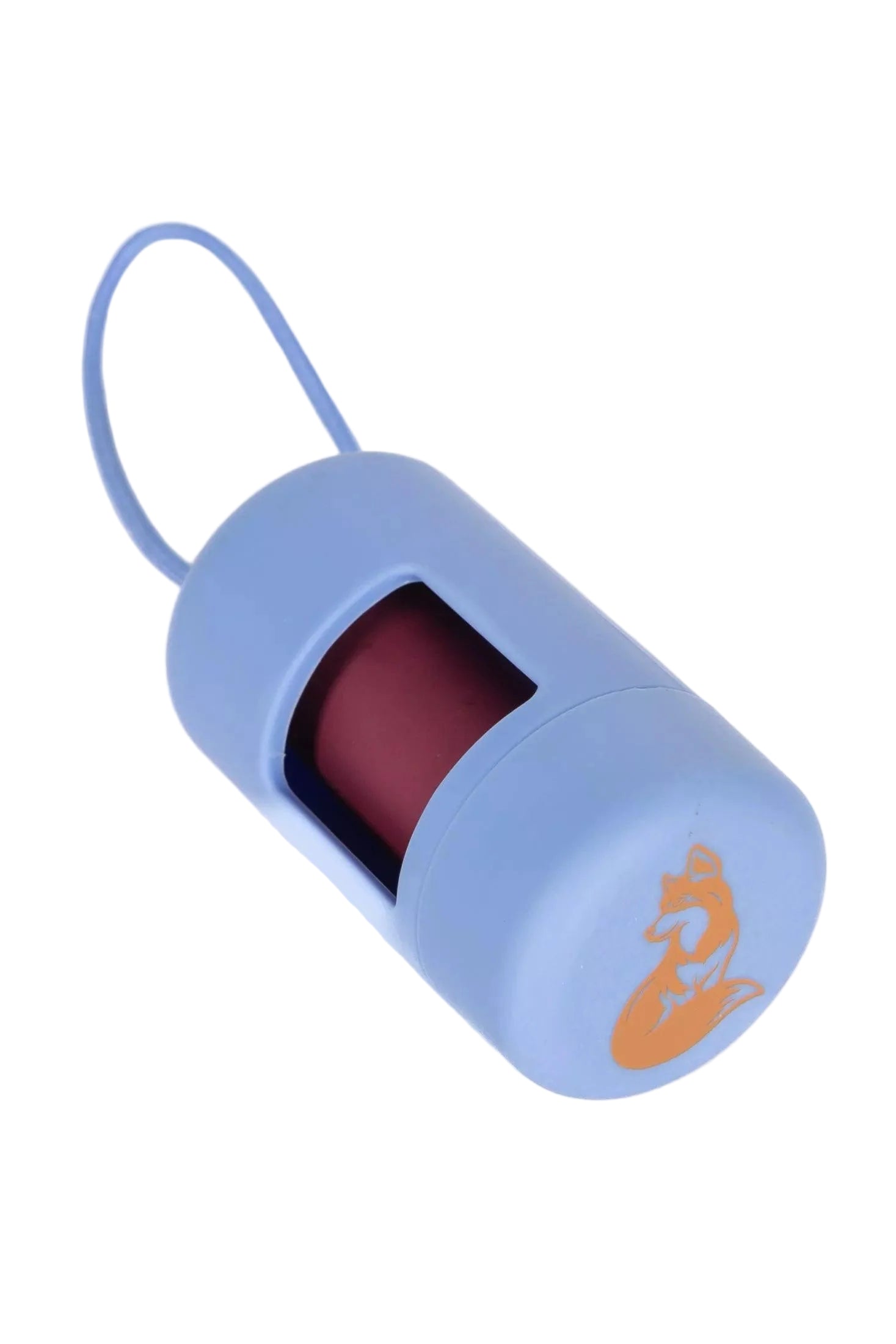 Small blue dog waste bag holder with a red roll of waste bags in it on a white background
