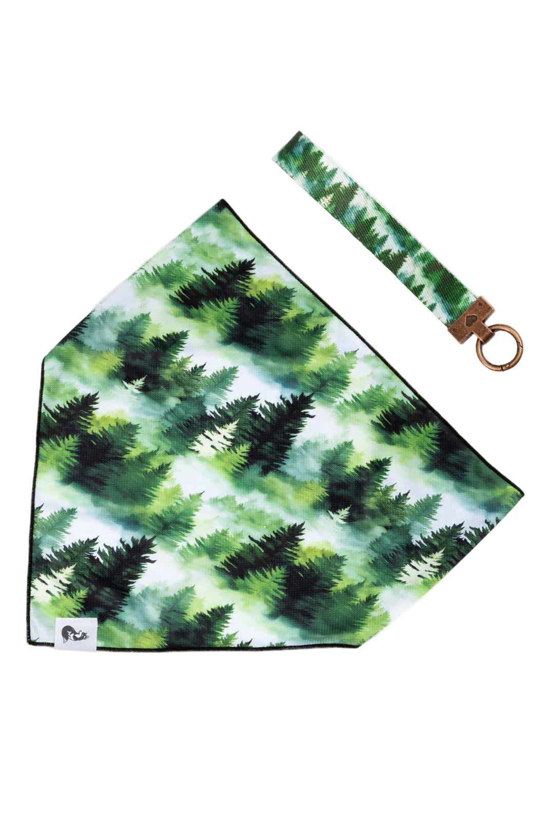 Green leaf patterned pouch with a matching keychain on a white background
