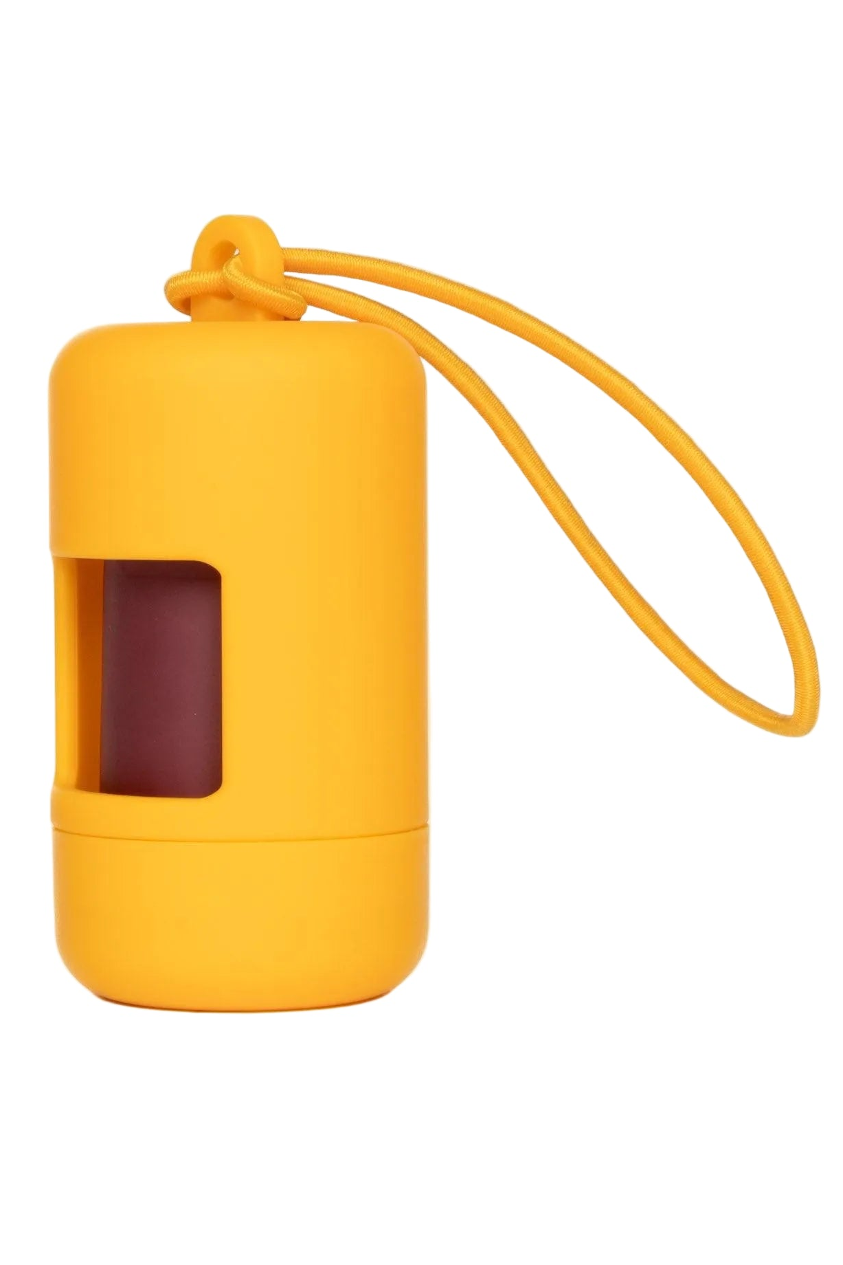 Yellow silicone dog waste holder case with a string on a white background