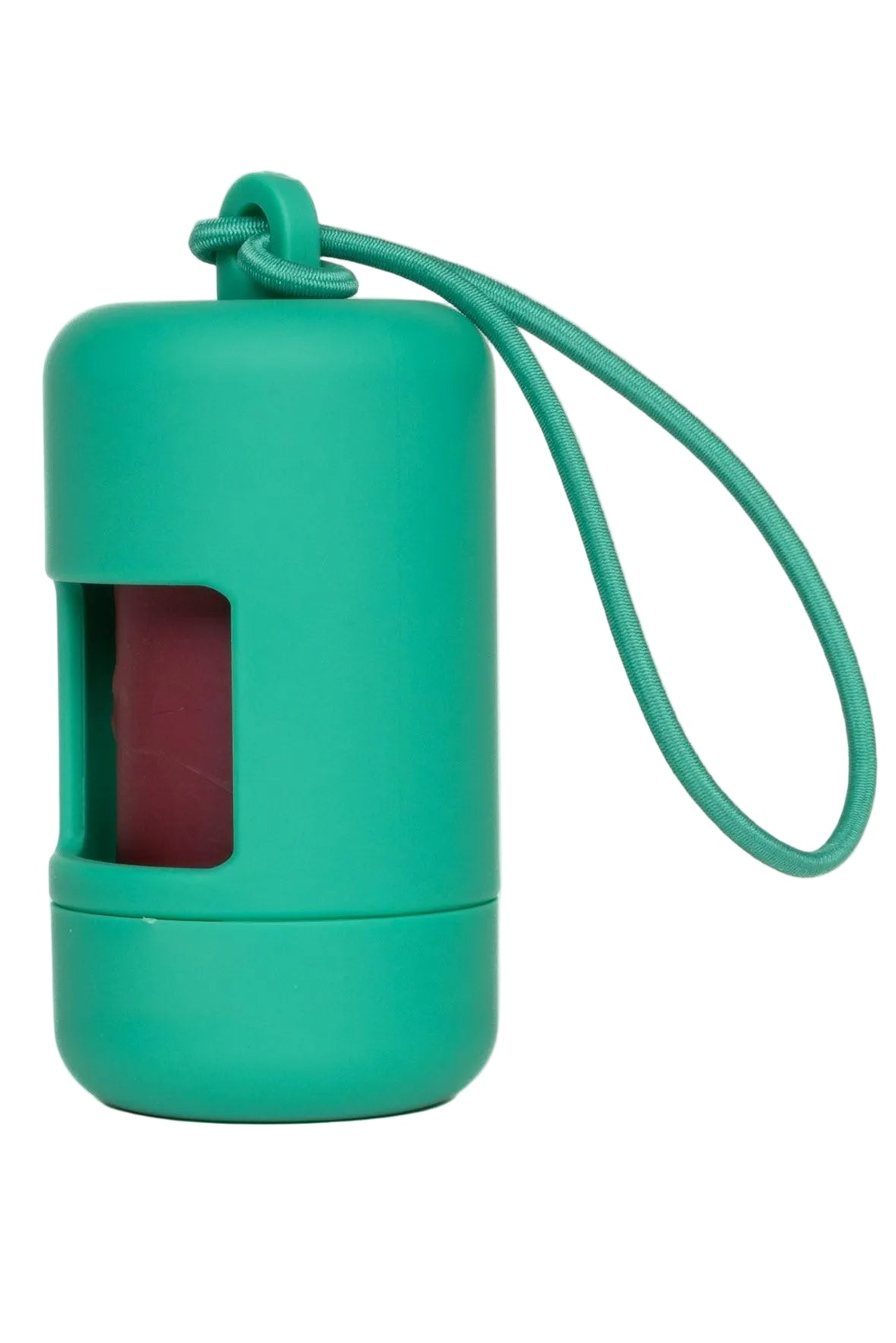 Green dog waste bag holder case with a string on a white background