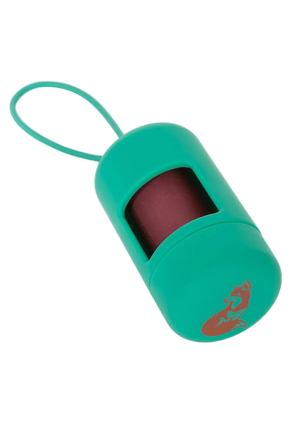 Green dog waste bag holder container with a red interior and logo on a white background