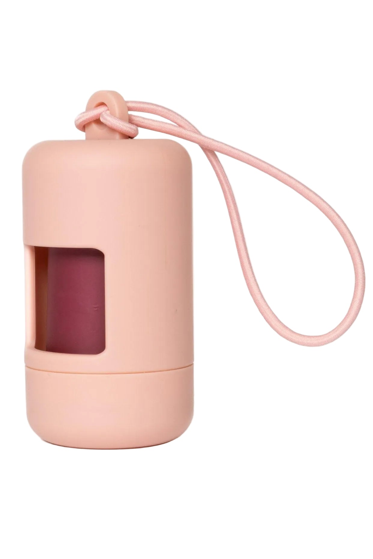 Pink dog waste bag container with a string on a white background
