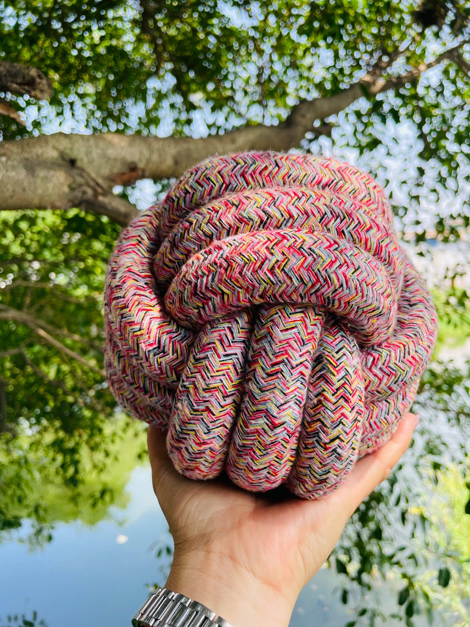 Colorful knotted rope dog toy held in a hand with a natural background