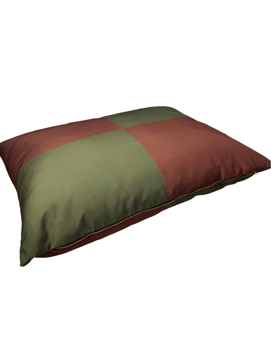 Green and brown checkered pillow dog bed on a white background