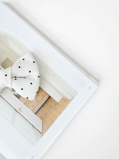 White bow tie with black dots on a white background