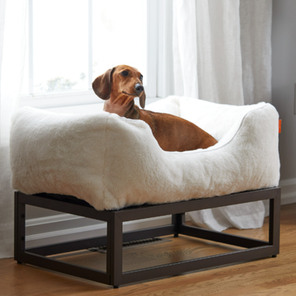 Dog lying on a fluffy white pet bed with a wooden frame in a room with white curtains.