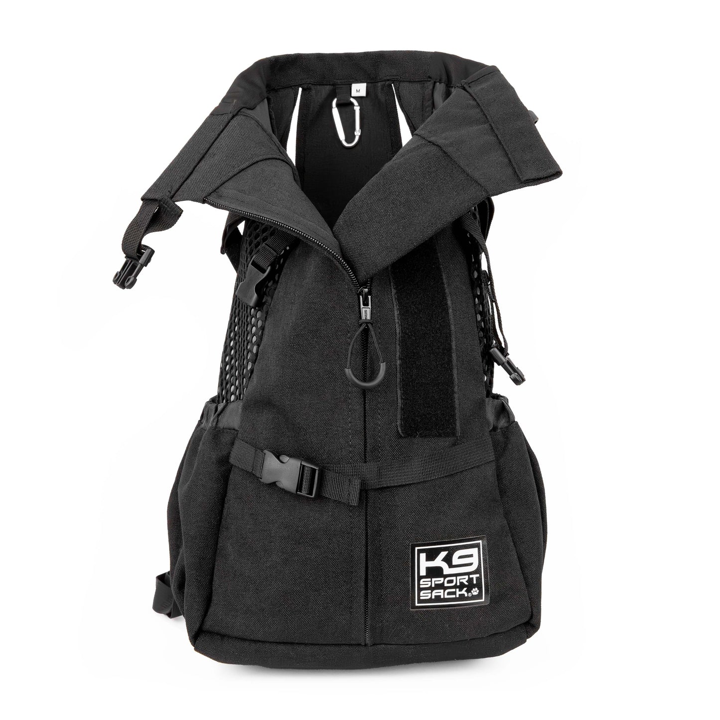 Black backpack with a visible brand logo on a white background