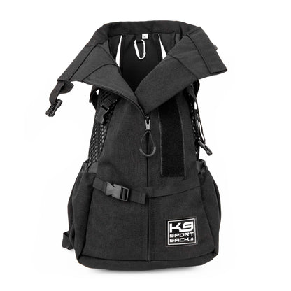 Black backpack with a visible brand logo on a white background