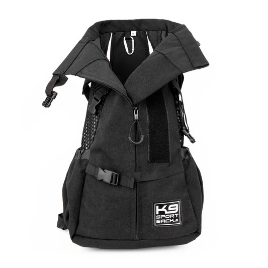 Black backpack with a visible brand logo on a white background
