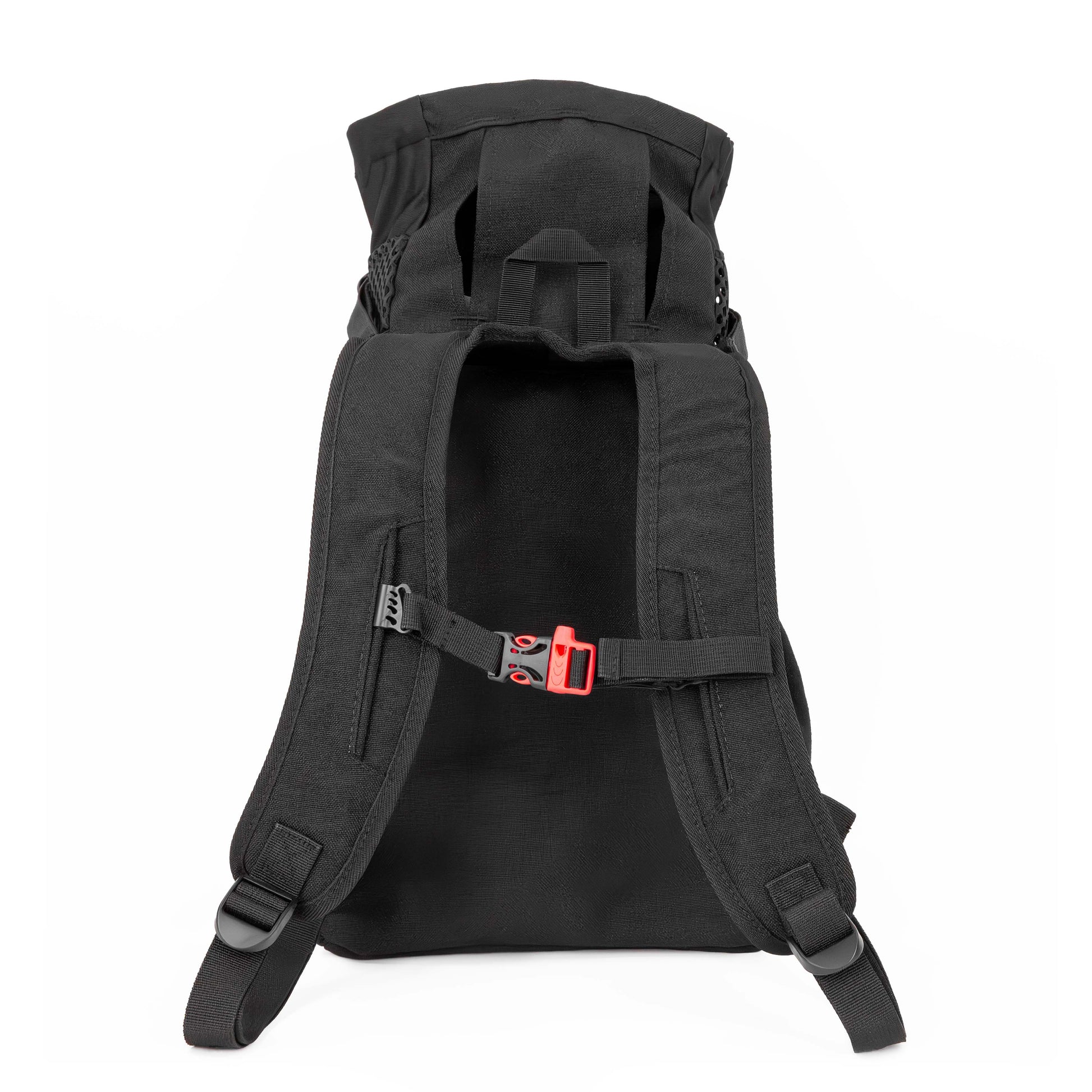 Black backpack with a red buckle on a white background