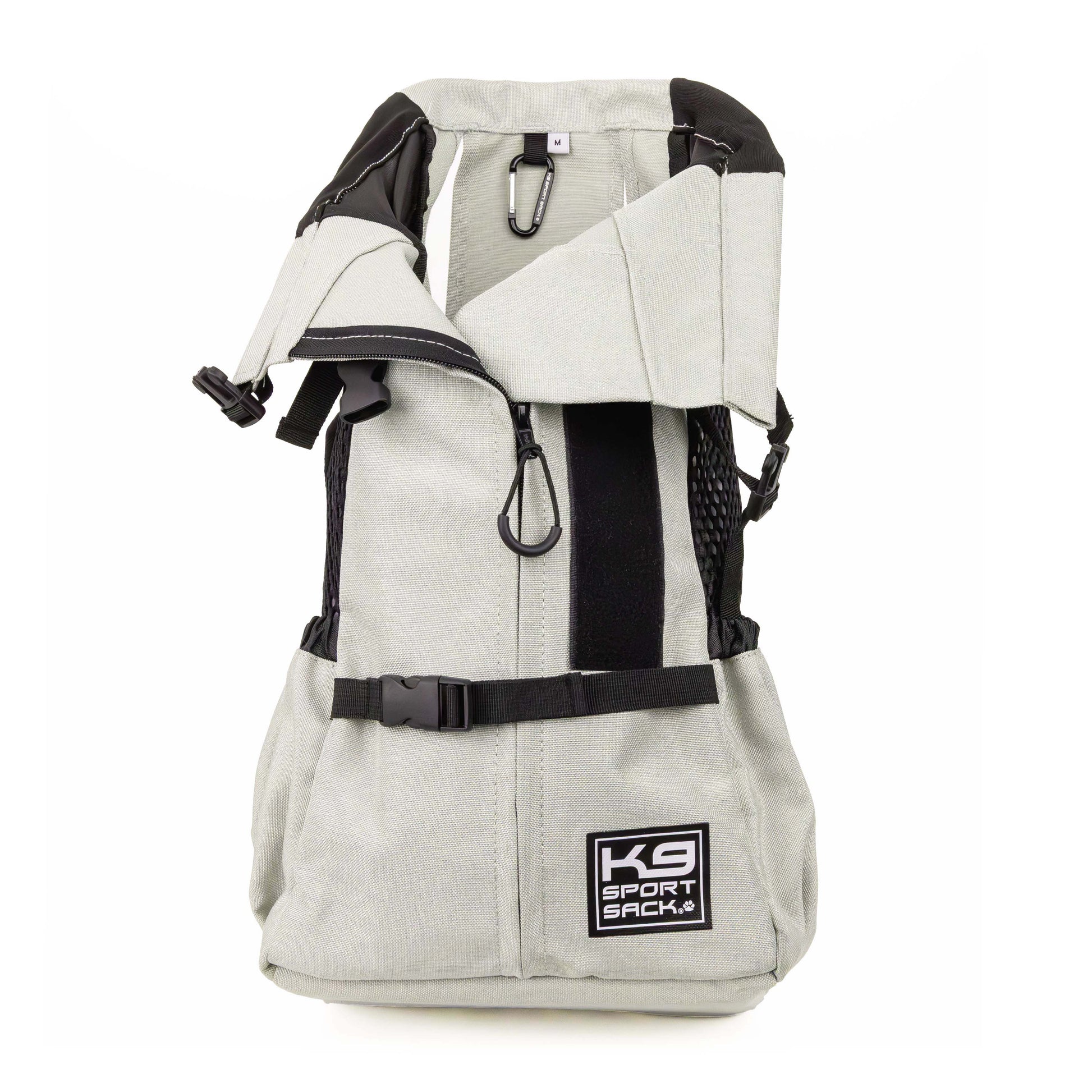 Light gray backpack with black straps and carabiners on a white background