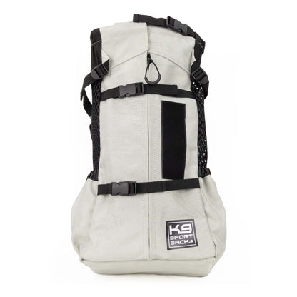 White backpack with black straps on a white background