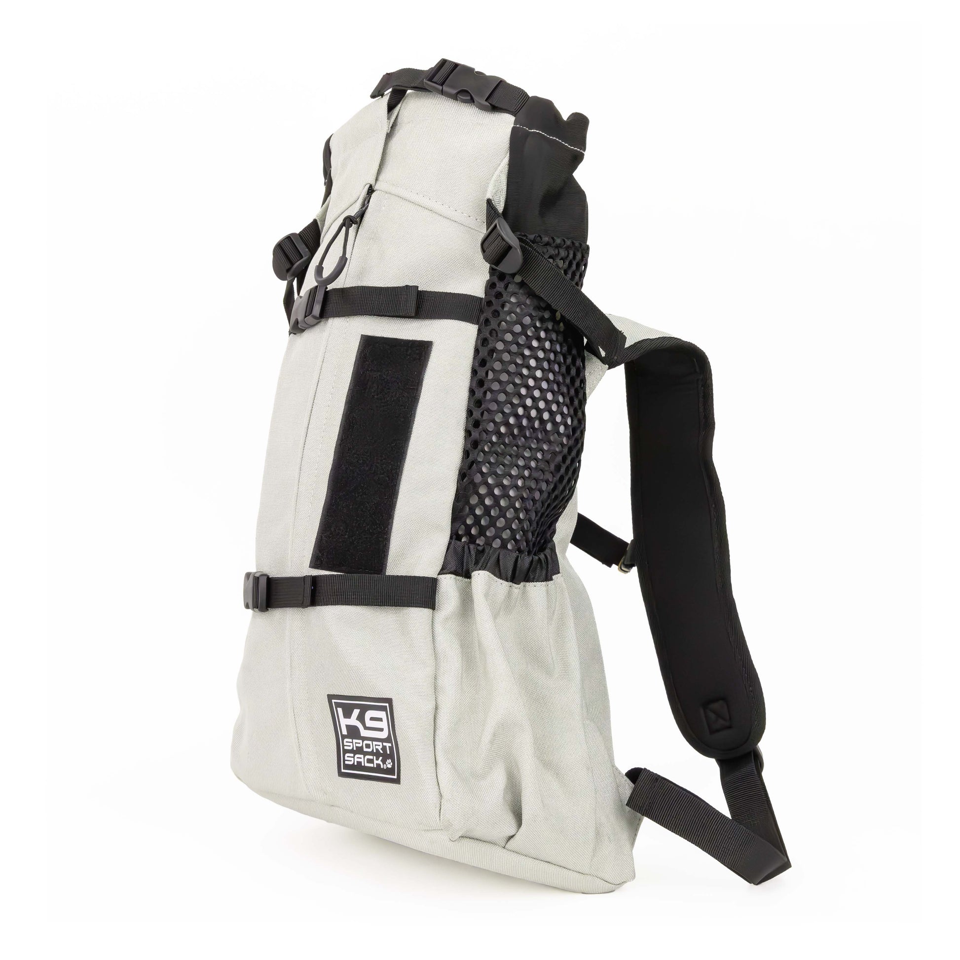 White and black backpack with visible branding on a white background