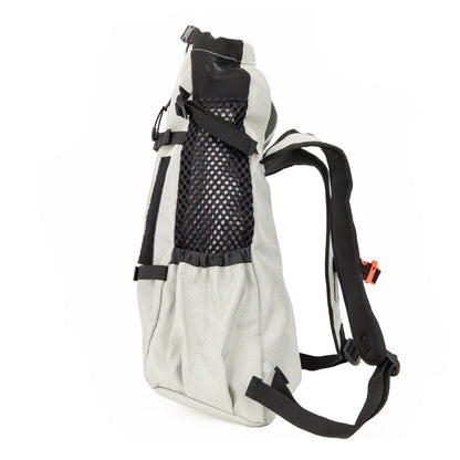 Light gray hydration backpack with black mesh side panel on a white background