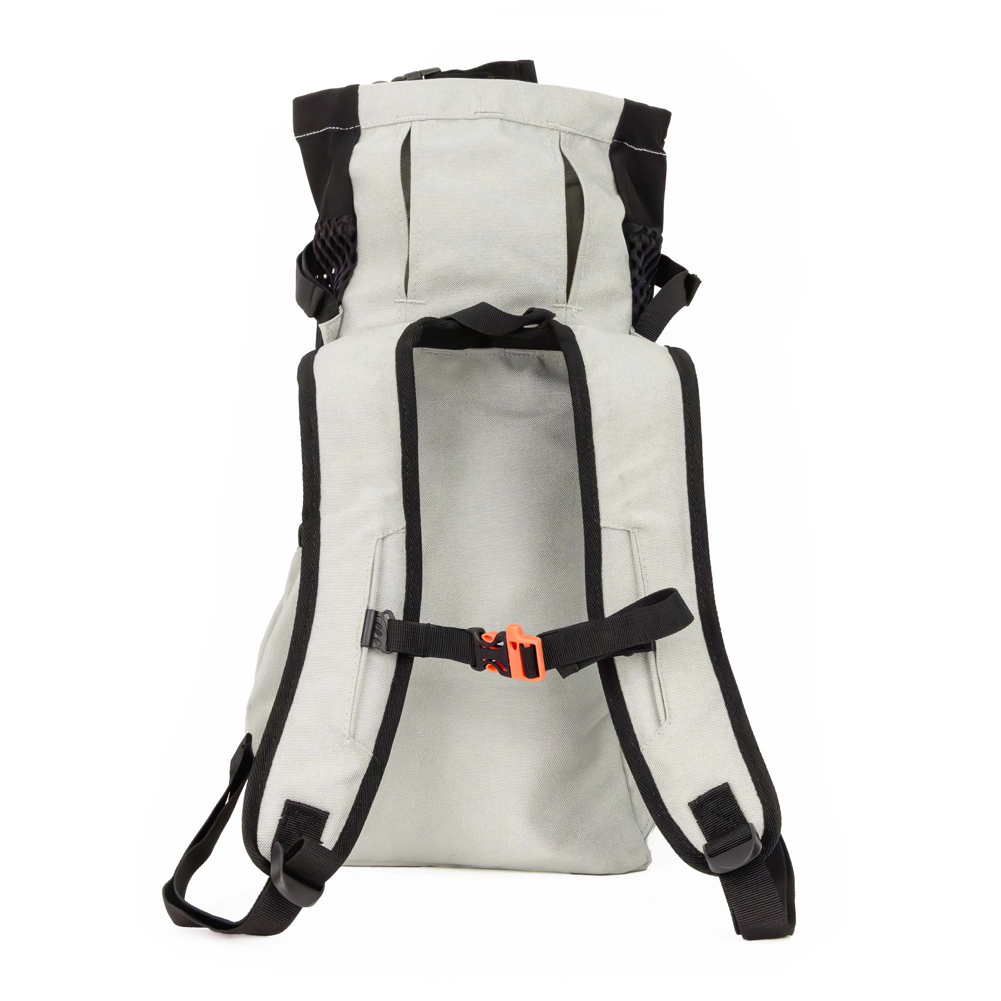 White backpack with black straps on a white background