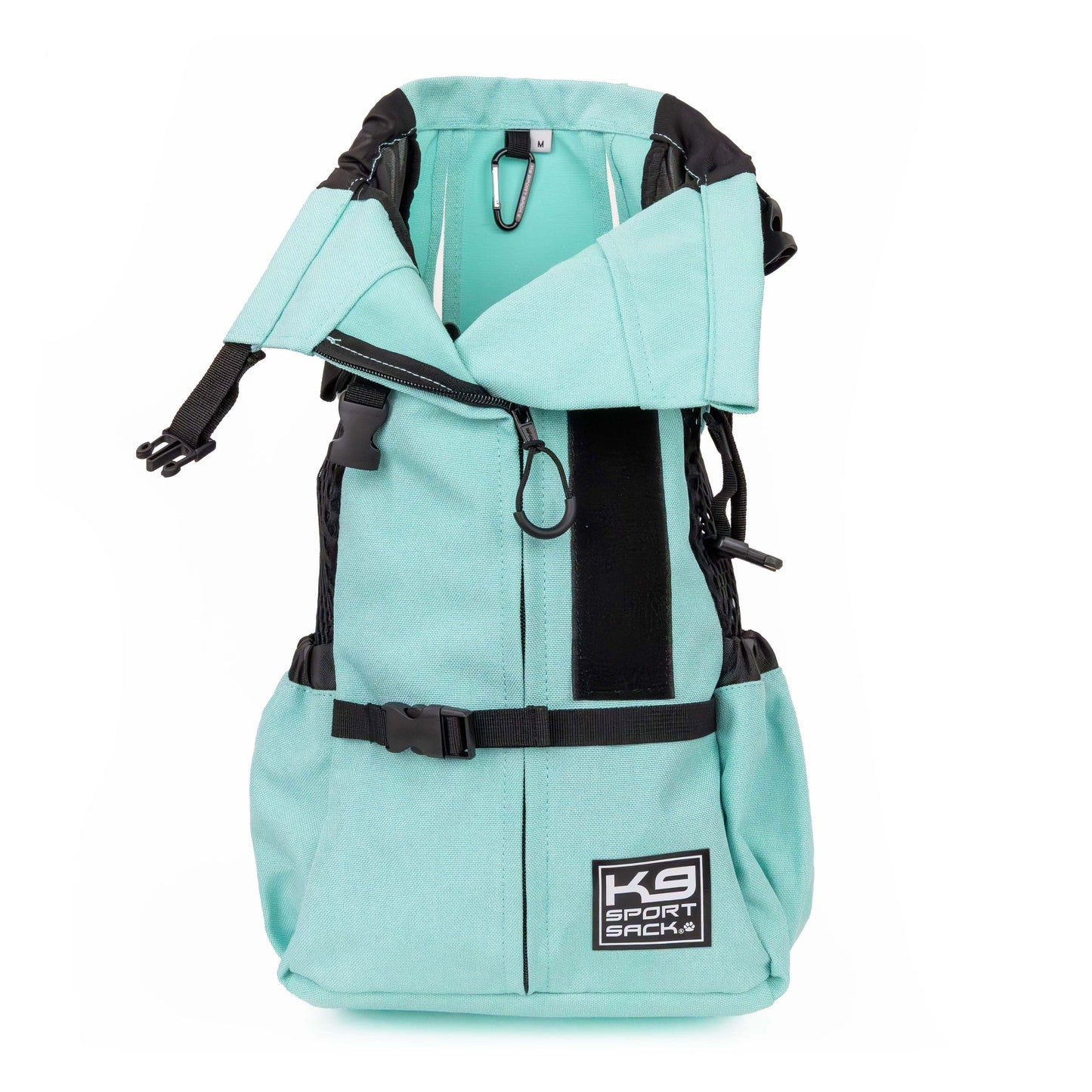 Turquoise baby carrier with black accents on a white background