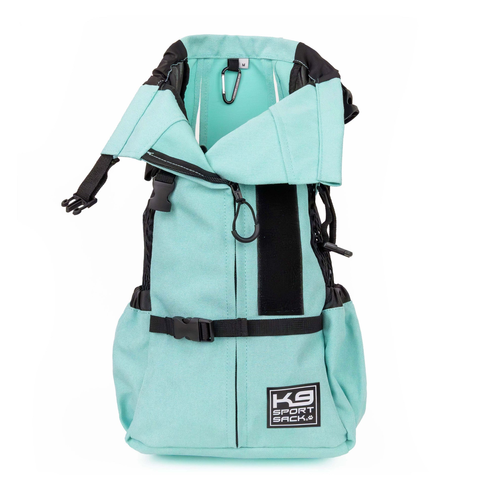Turquoise baby carrier with black accents on a white background