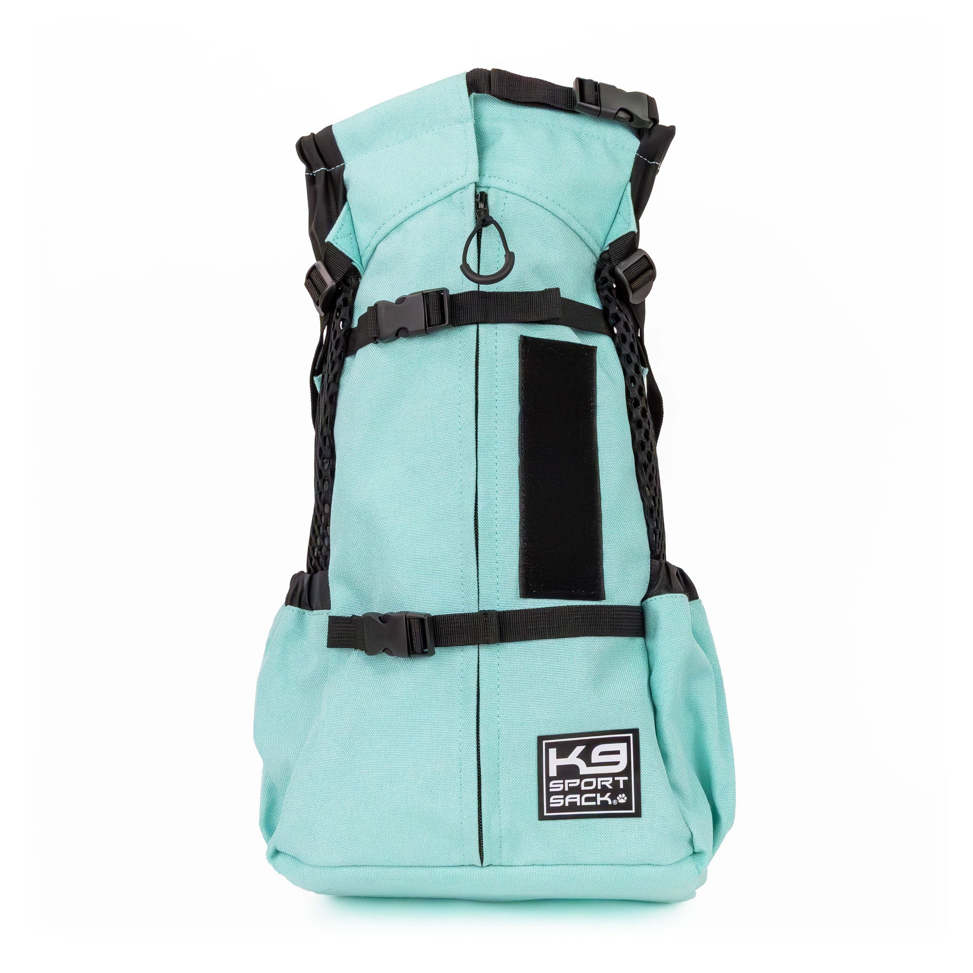 Light blue backpack with black straps on a white background