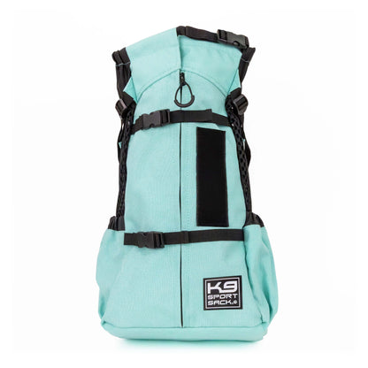 Light blue backpack with black straps on a white background