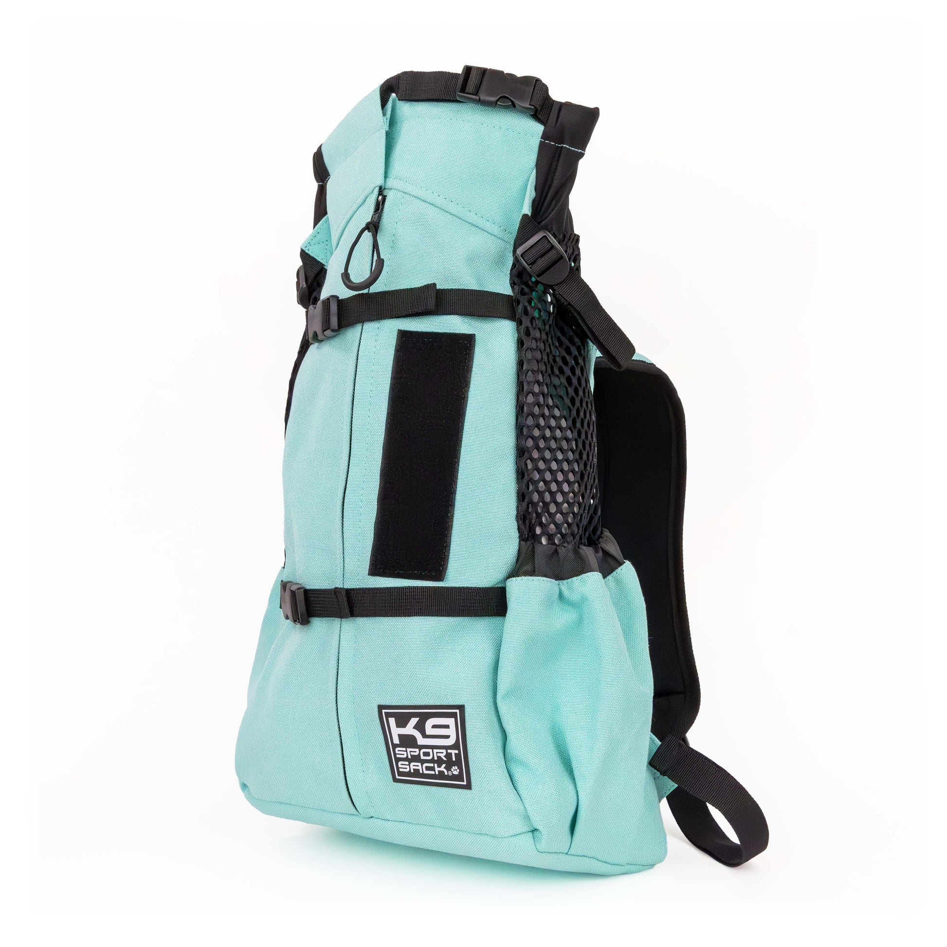 Light blue backpack with black straps on a white background