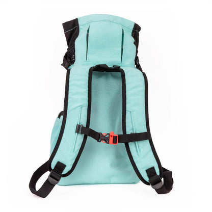 Light blue backpack with black straps on a white background