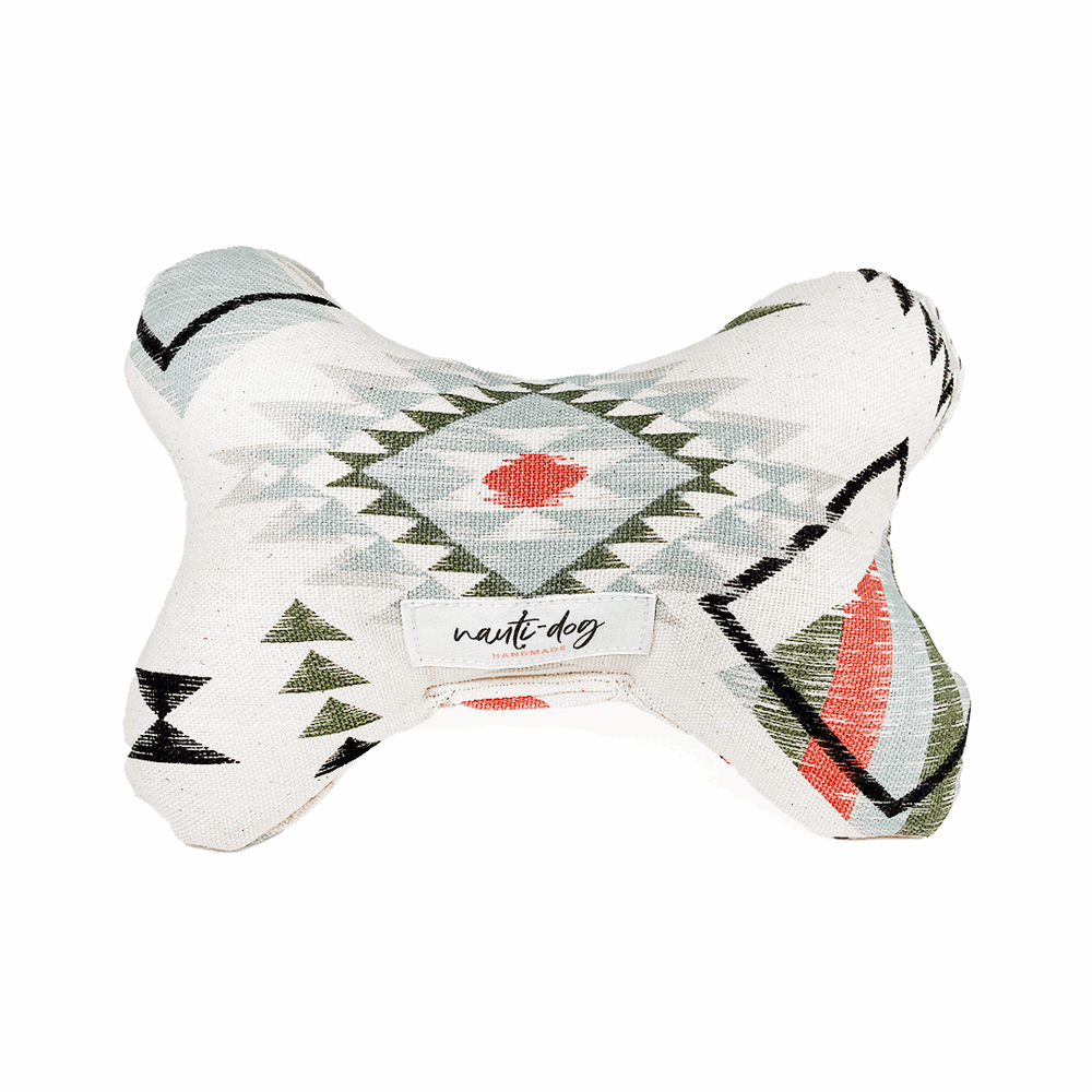 Bone-shaped dog toy with geometric pattern on a white background