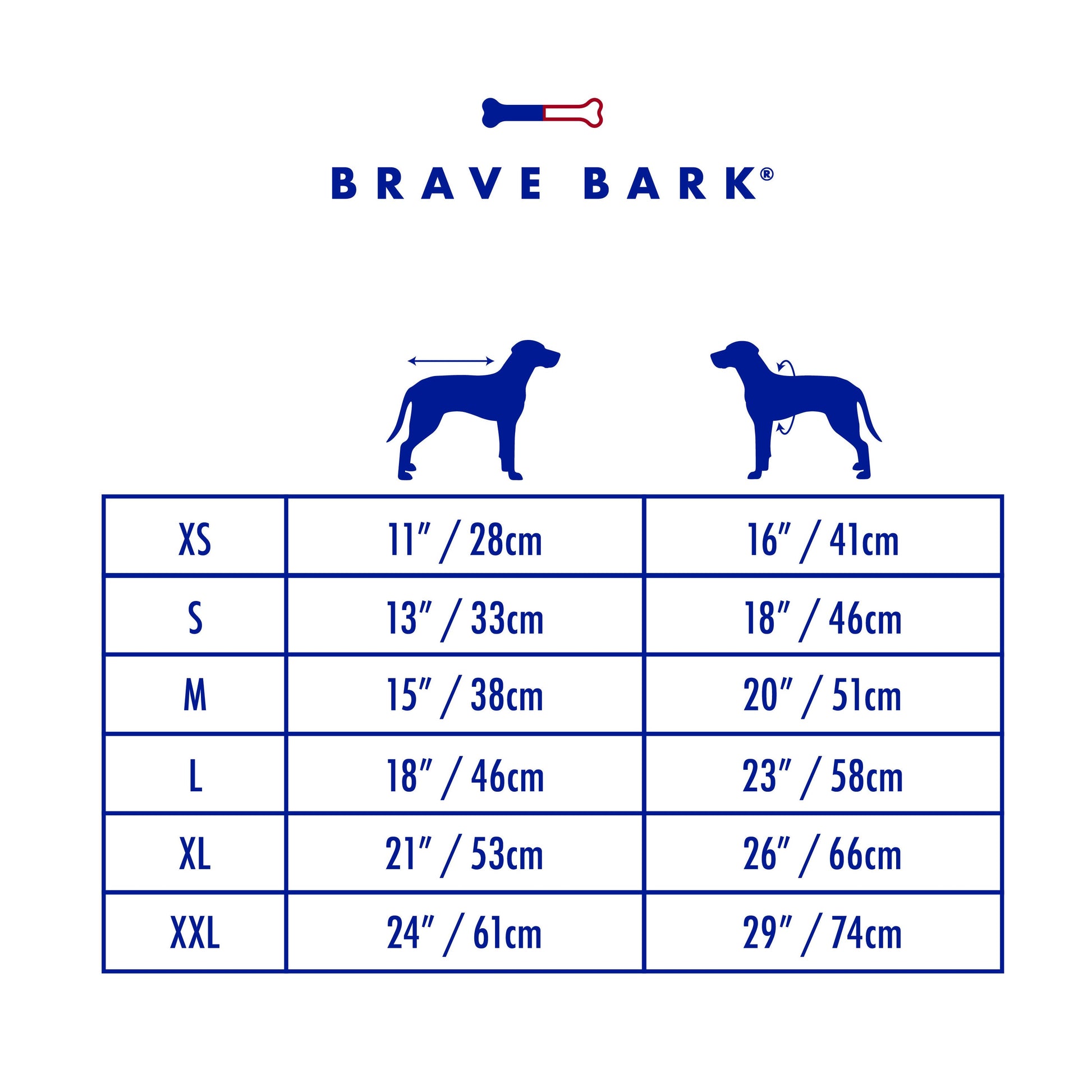 Brave Bark dog size chart with measurements in inches and centimeters