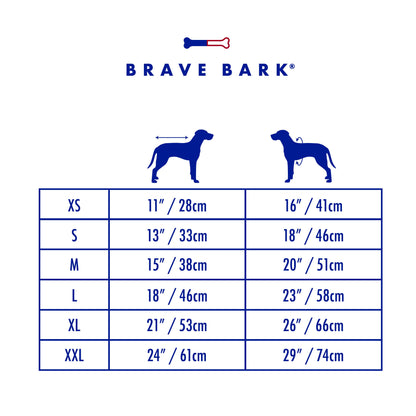 Brave Bark dog size chart with measurements in inches and centimeters