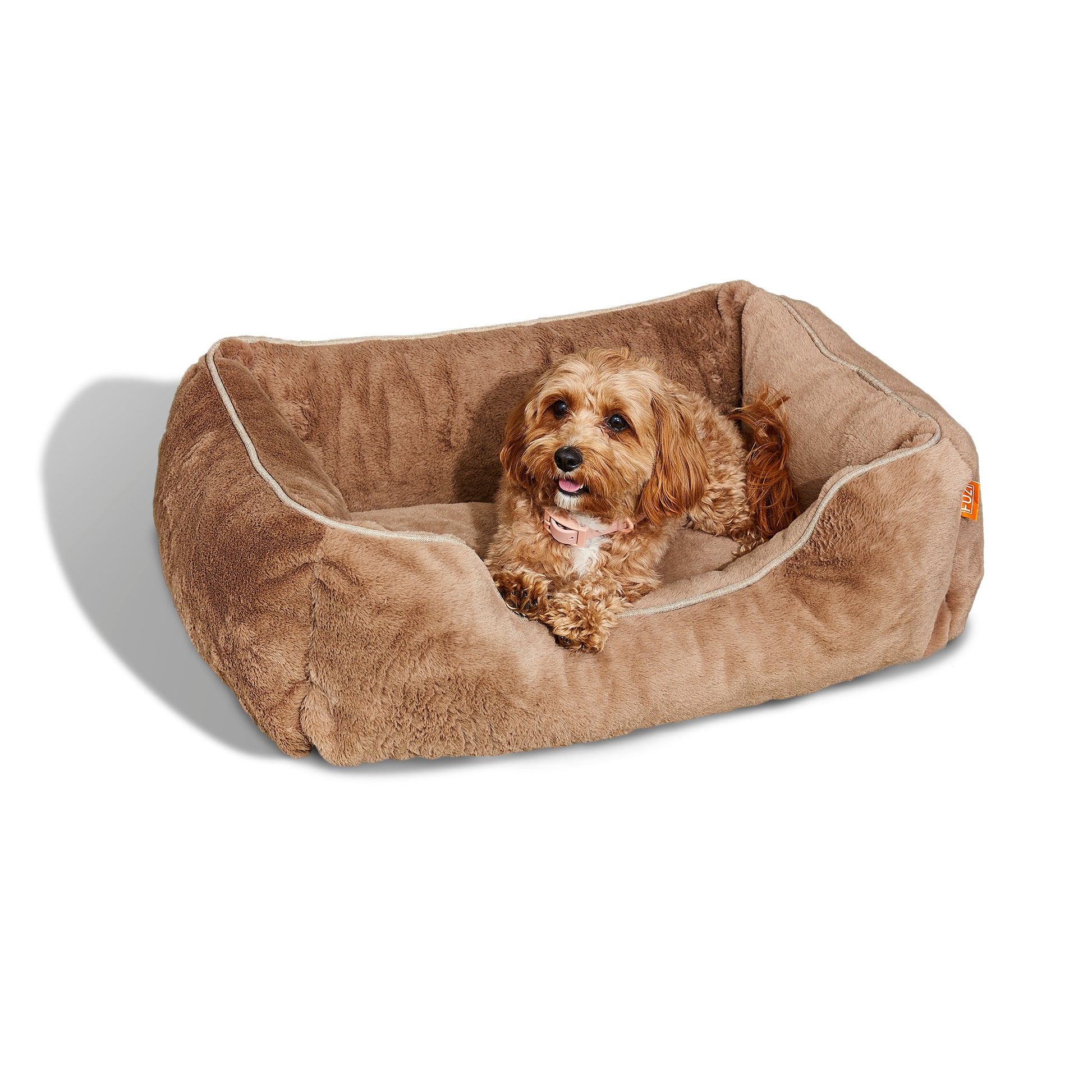 Dog lying on a brown plush dog bed against a white background