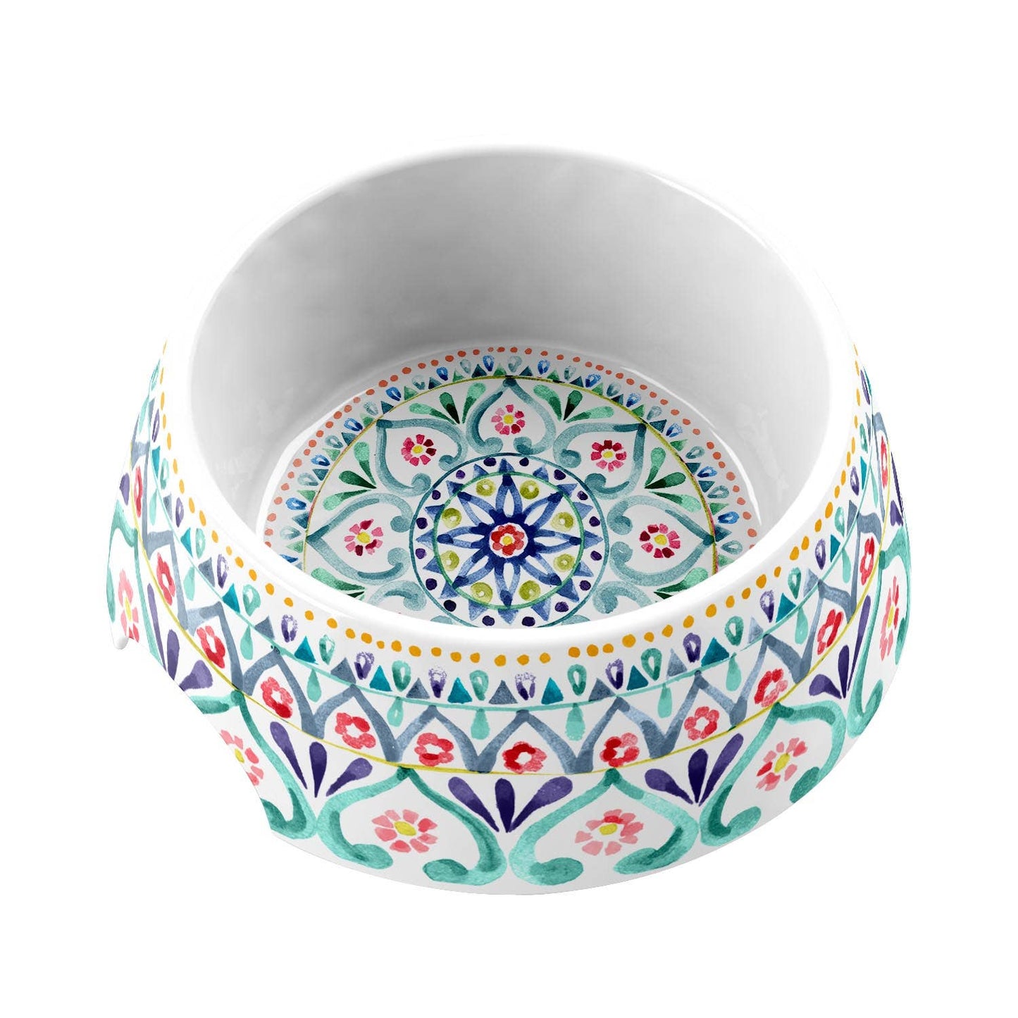 Decorative ceramic bowl with colorful floral pattern on a white background
