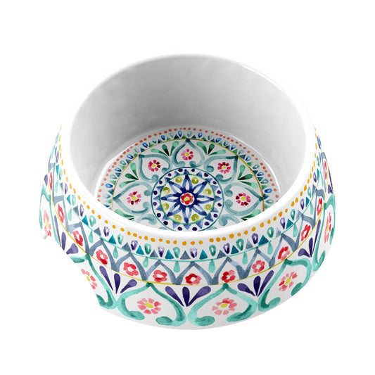 Decorative ceramic bowl with colorful floral pattern on a white background