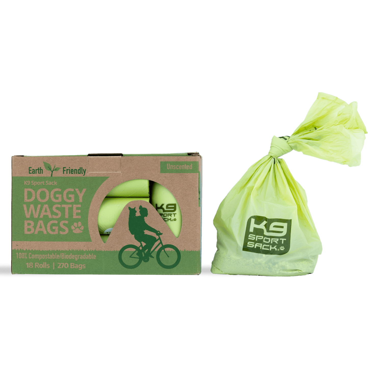 K9 Sport Bag doggy waste bags with packaging on a green background