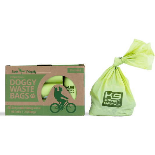 K9 Sport Bag doggy waste bags with packaging on a green background
