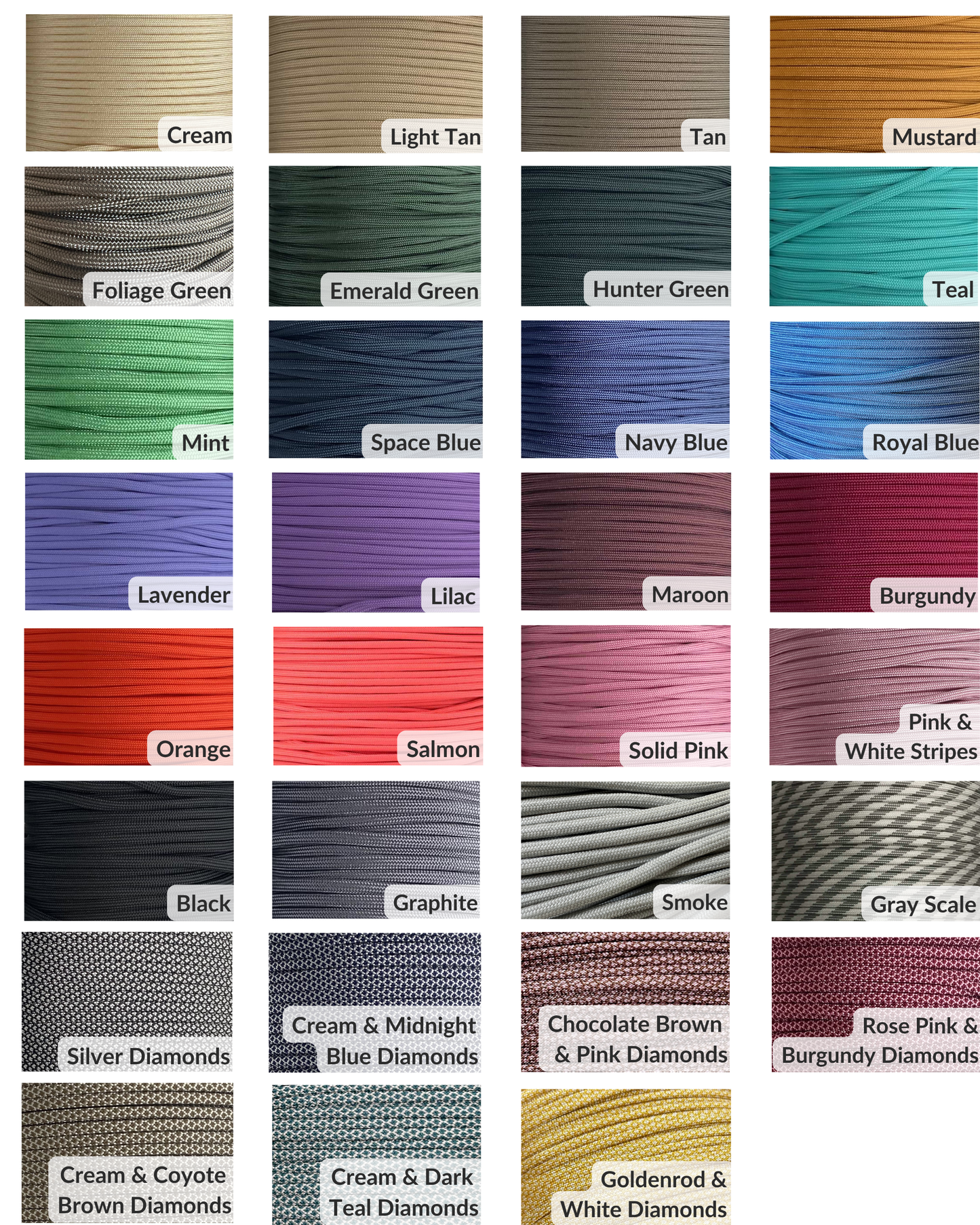Color swatches of paracord on a white background