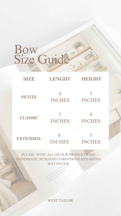 Bow size guide with measurements and West Tailor branding.