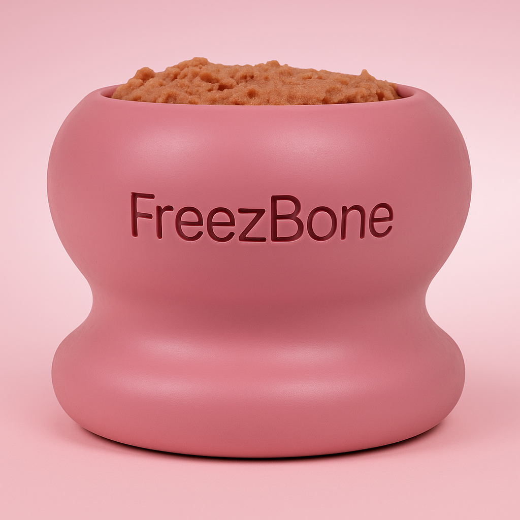 Pink 'FreezBone' container with dog food on a pink background