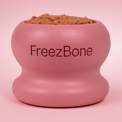 Pink 'FreezBone' container with dog food on a pink background