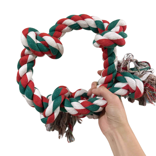 Red, green, and white braided rope toy held by a hand on a white background