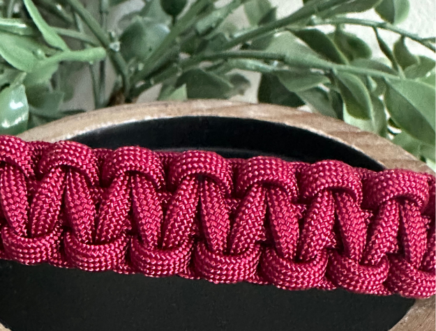 Close-up of a red braided dog collar on a dark surface with green leaves in the background