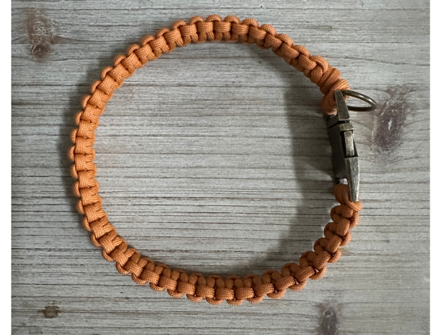 Brown braided dog collar with a metal clip on a wooden surface