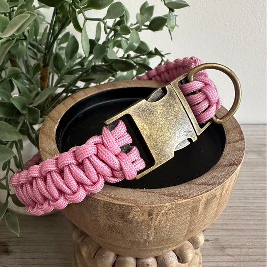 Pink braided dog collar with a metal clasp on a wooden stand with a plant in the background