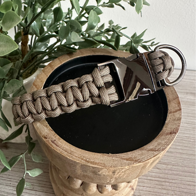 Tan cobra braid handmade dog collar with metal buckle
