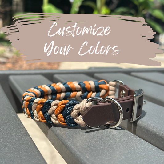 Dog collar with braided design in multiple colors on a gray surface with caption to customize your colors