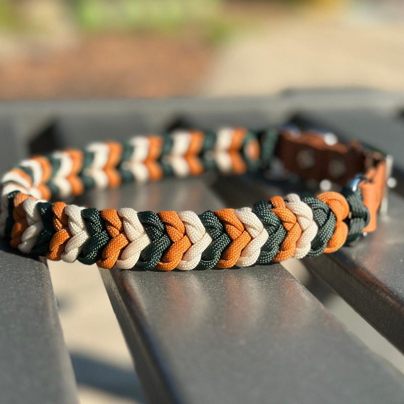 Dog collar with green, dark yellow, and cream braid, and light brown biothane strap